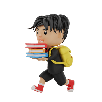 3d cute student character bring some books with run png