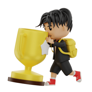 3d cute student character bring a trophy png