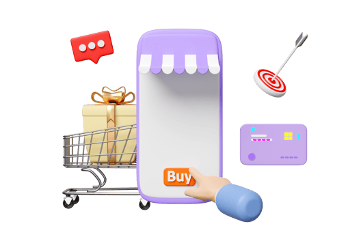 3d purple mobile phone, smartphone with store front, hand pointing finger, shopping cart, basket, gift box, credit card isolated. online shopping, 3d illustration render png