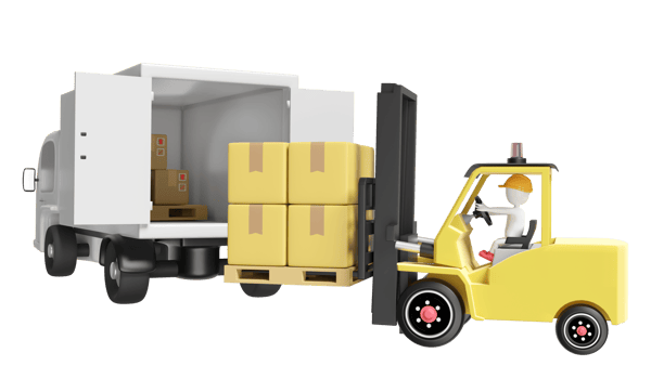 building warehouse with forklift for import export, goods cardboard box, pallet, truck isolated. logistic service concept, 3d illustration render png