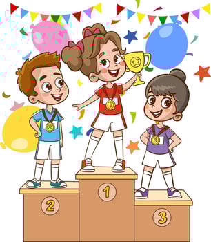 Winner podium. Lucky winner on a podium with a Cup. Colorful cartoon characters. Funny vector illustration. Isolated on white background