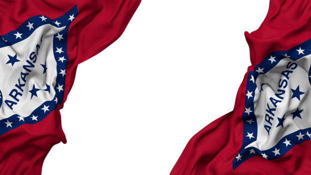 State of Arkansas Flag Cloth Wave Banner in the Corner with Bump and Plain Texture, Isolated, 3D Rendering png