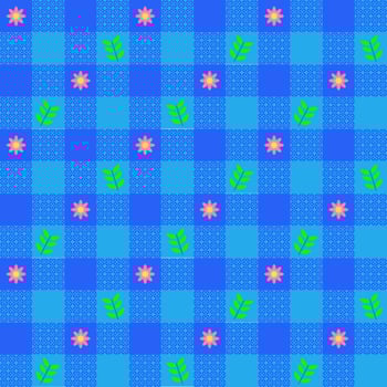 Blue tone of gingham pattern decorated with flower and leaves For plaid, tablecloth, clothe, shirt, dress, paper, bed, blanket, quilt, textile. Vector seamless design. Concept of spring summer time.