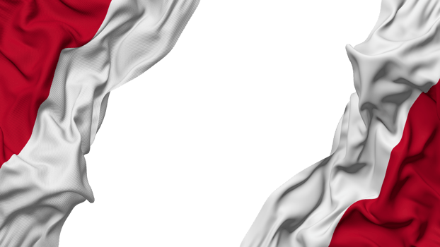Poland Flag Cloth Wave Banner in the Corner with Bump and Plain Texture, Isolated, 3D Rendering png