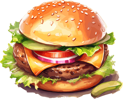 Juicy Cheeseburger Watercolor Illustration With Veggies png