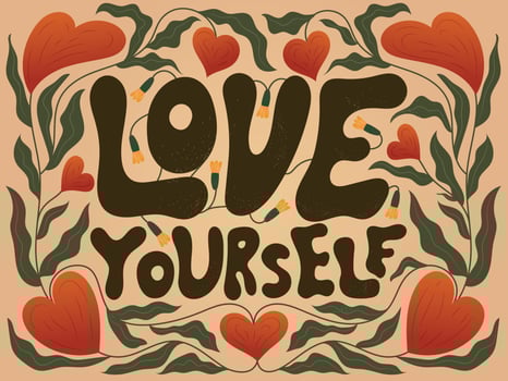 Vintage Gift Card with Lettering Love Yourself. Vector banner with calligraphy, leaves and hearts.