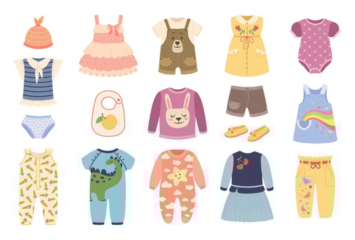 Baby clothes. Clothing for newborn babies. Bodysuit, romper, pajamas, dress, shoes. Cute child fashion apparel and accessories vector set