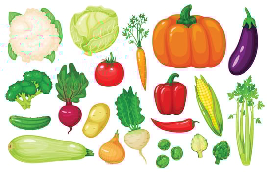 Cartoon vegetables. Carrot, corn, pepper, celery, cauliflower, broccoli, beetroot, onion, cucumber. Fresh organic vegetable vector set