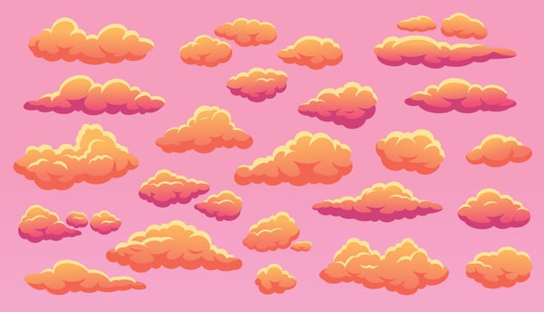 Cartoon sunset cloud, fluffy orange clouds in sky. Cute pink cloudy skies, heaven sundown cloudscape with cloud shapes vector set