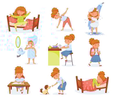Cartoon cute girl daily routine and children activities. Child brushing teeth, eating breakfast, studying. Day routine for kids vector set