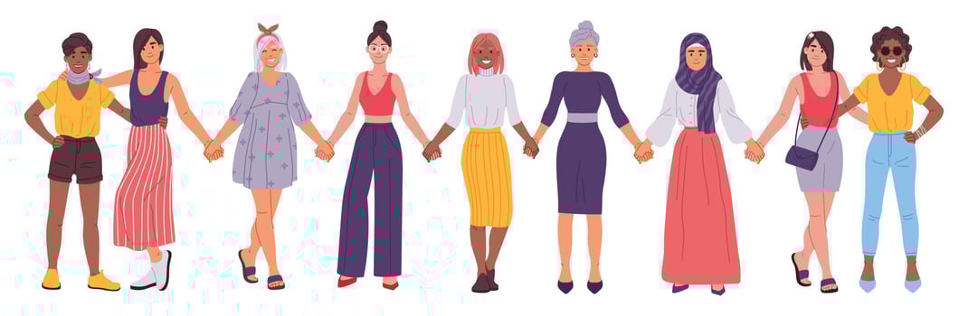 Women holding hands, girlfriends standing together, sisterhood concept. Diverse group of female friends, girl friendship vector illustration