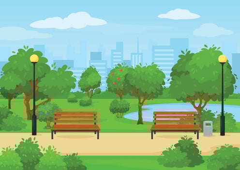 Cartoon public city park with green trees, benches and lake. Summer outdoor scenery urban park nature landscape vector illustration