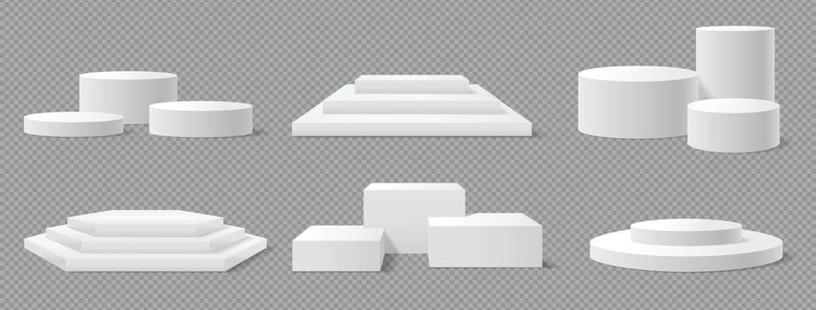White square shaped podium circular pedestal stand. Realistic empty platform, winner stage, advertising podiums 3d mockup vector set
