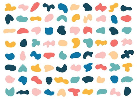 Abstract liquid shapes, organic random blobs, fluid elements. Colored bubble, splodge, drop. Irregular rounded geometric shape vector set