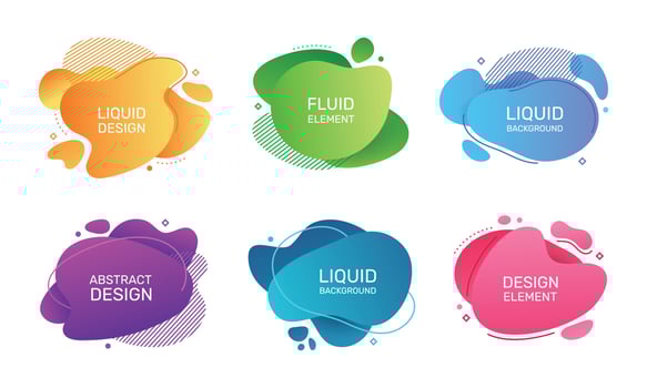 Abstract liquid elements, organic fluid bubble shapes. Modern gradient blobs, geometric graphic element, colored bubbles vector set