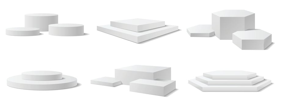 Realistic 3d podium, winner pedestal, circle display stage. White empty museum exhibition pillars, square product showroom displays vector set
