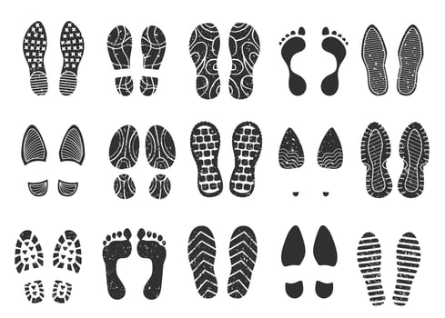 Footprints silhouette, footsteps, boot sneaker shoe print. Human barefoot imprint, dirty shoes sole prints, footprint steps. Vector set