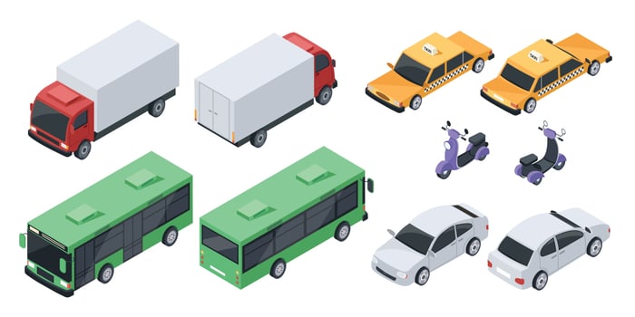 Isometric 3d city transport, transportation vehicles, cars. Front and back view of sedan car, public bus, cargo truck, scooter vector set