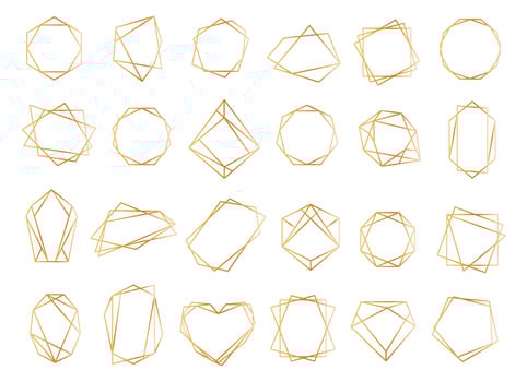 Gold geometric frames, polygonal line crystal shapes border. Elegant golden frame for wedding invitation, anniversary card decor vector set