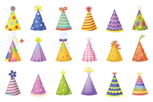 Cartoon birthday party hats, holiday celebration paper cones. Funny christmas striped party caps with colorful decorations vector set