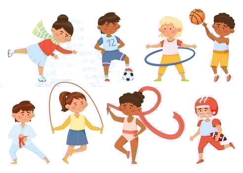 Cartoon children exercising, kids doing sports and gymnastics. Boys and girls playing ball, ice skating, skipping rope, doing karate vector set