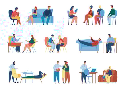 Psychotherapy treatment and counseling session, people talking to psychologist. Men and women at group therapies, family therapy vector set