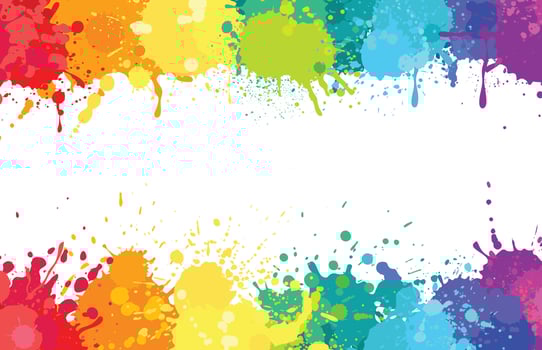 Colorful paint splatter background, painted rainbow splashes. Colored watercolor splash, abstract color spray paints explosion vector banner