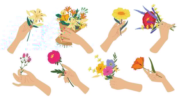 Woman hand holding flower bouquet, spring flowers in hands. Beautiful blooming bouquets, mothers day gifts, romantic presents vector set