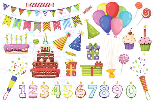 Cartoon birthday party decoration elements, cakes with candles. Colorful bunting flags, balloons, party hats, gift boxes, candies vector set