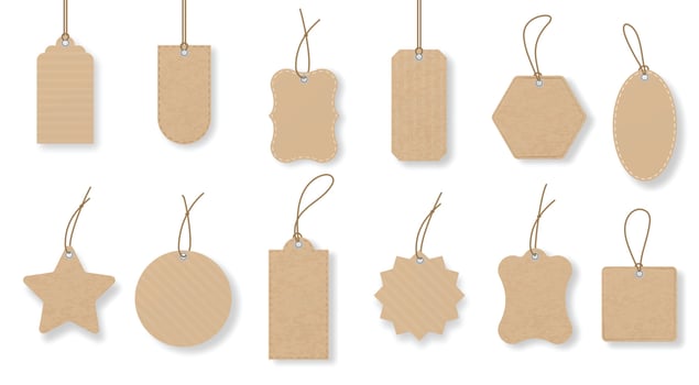 Paper price tags, luggage label with string, gift tag. Old vintage sale labels in various shapes. Promo advertising badge with rope vector set