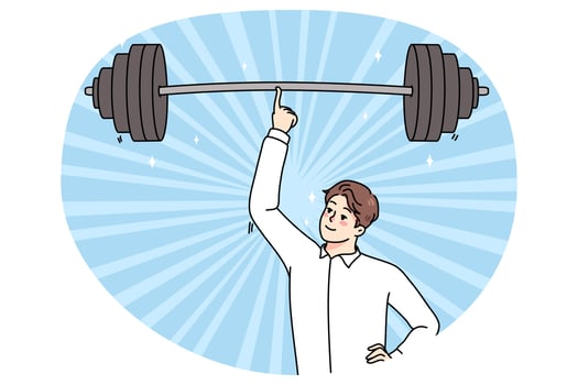 Businessman hold heavy barbell on finger vector
