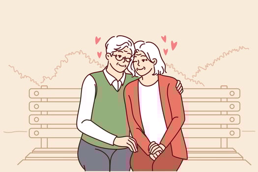 Elderly couple in love sits on park bench hugging and enjoying happy family life. Relationship between elderly man and woman in love sitting hugging and having fun from retirement. vector