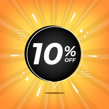 10 percent off. Yellow banner with ten percent discount on a black balloon for mega big sales. vector