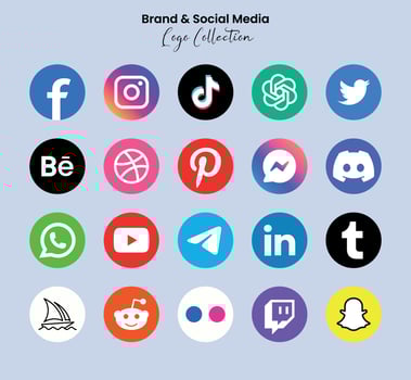 Popular social network symbols, social media logo icons collection, instagram, facebook, twitter, youtube, chatgpt, midjourney, discord and etc. social media icons vector