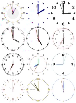 A set of different mechanical clocks with an image of each of the twelve hours. Clock face on white background. vector