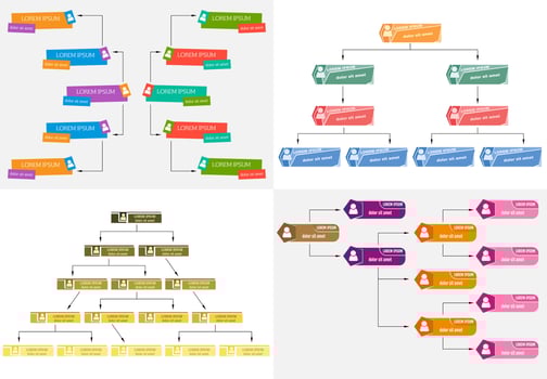 Set of four colorful business structure concept, corporate organization chart scheme with people icons. Vector illustration.