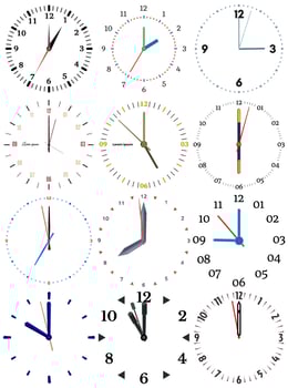 A set of different mechanical clocks with an image of each of the twelve hours. Clock face on white background. vector