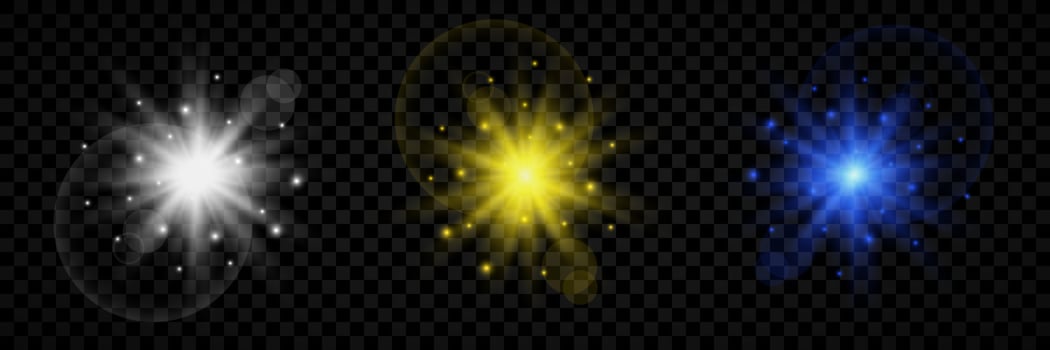 Light effect of lens flares. Set of three white, yellow and blue glowing lights starburst effects with sparkles vector