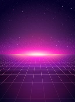 Cyber punk style grid floor and starry night background in purple tone vector