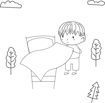 simple and cute kid illustration in line art style cleaning the bed vector