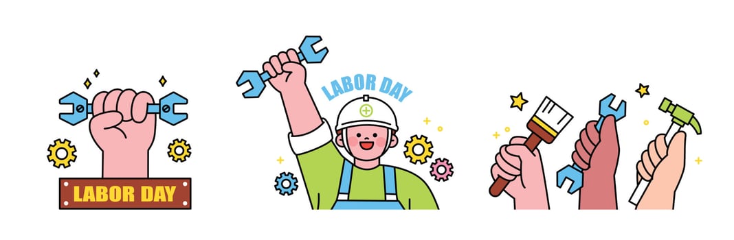 Labor Day. people who are working. A movement for workers' rights. hand holding a tool. A character wearing a helmet. vector