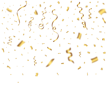 Confetti PNG with golden ribbon for festival background. Confetti and ribbon falling background. Golden confetti on transparent background. Event and party Celebration PNG. Carnival element.