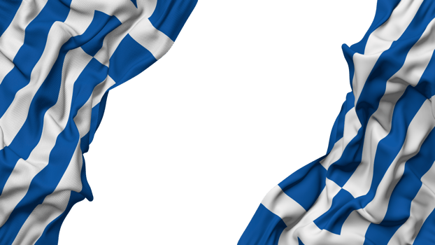 Greece Flag Cloth Wave Banner in the Corner with Bump and Plain Texture, Isolated, 3D Rendering png