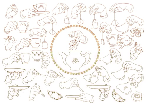 Hands with a teacup, saucer, and spoon. Funny hands. Vector. vector