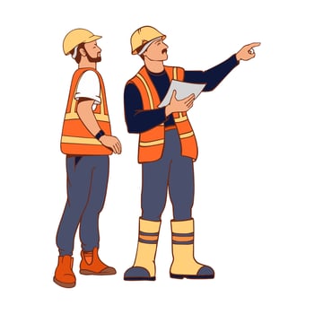 Builders discussing construction plans. Foreman workers. Repairman. Industrial jobs. Vector. vector