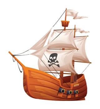 Wooden pirate ship with white sails and skull vector illustration isolated on white background
