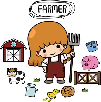 illustration isolated set cartoon farmer kid girl vector