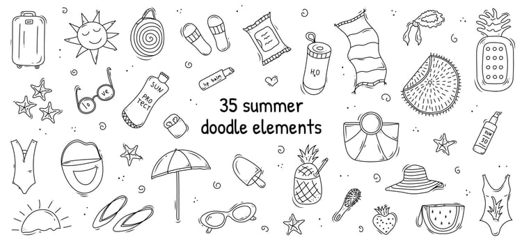 Doodle set of cute vector summer elements bikini, luggage, slates, beach towel, water, umbrella, bag, ice cream Black and white vector illustration