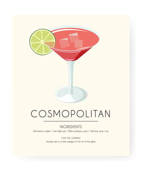 Alcoholic cocktail, cosmopolitan martini style midcentury. Cocktail recipe.Vector image vector