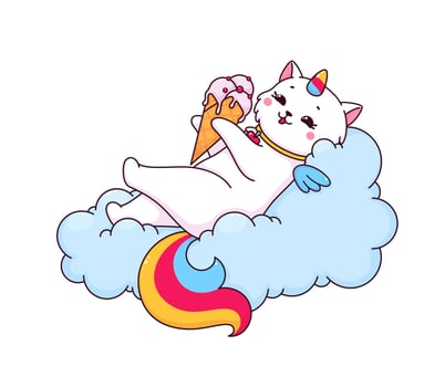 Cartoon caticorn character on cloud with ice cream vector